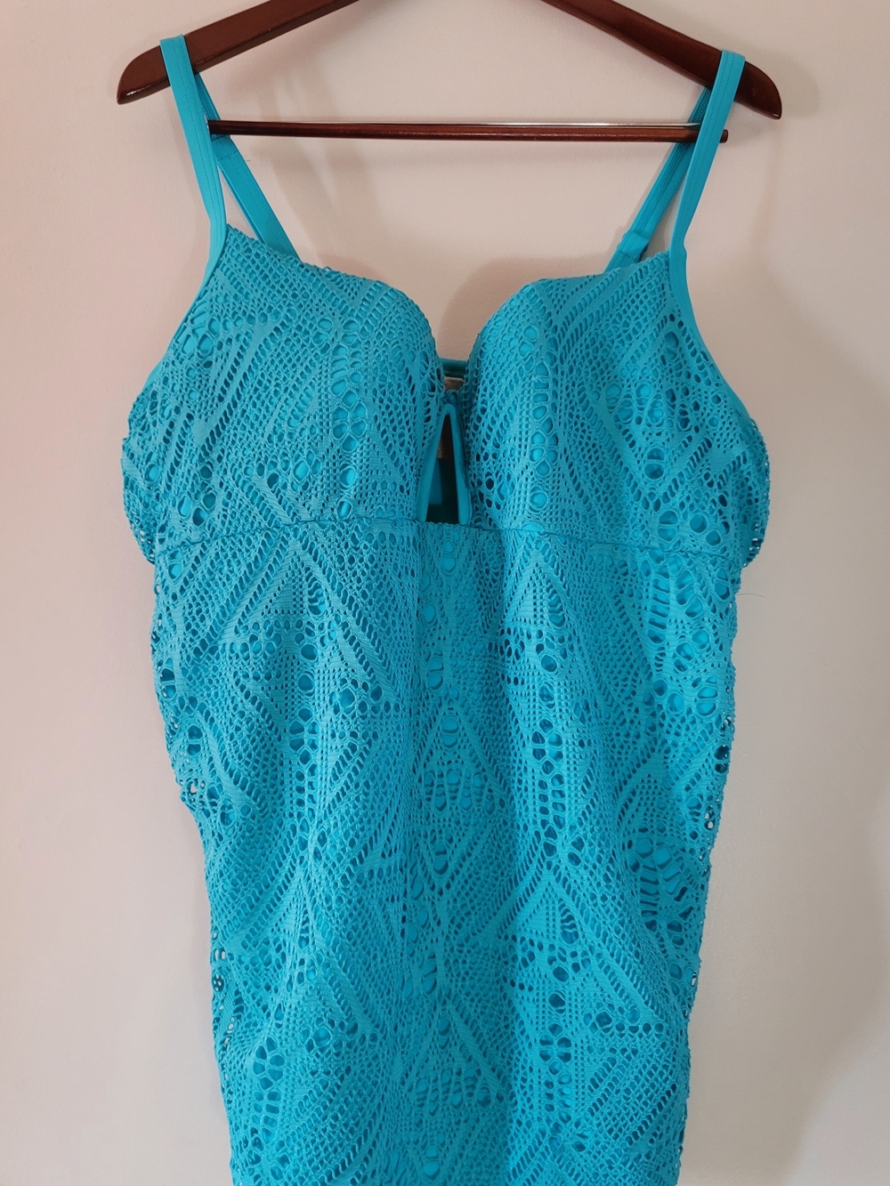 SWIM by CACIQUE, Turquoise Crochet One-Piece Swim Dress